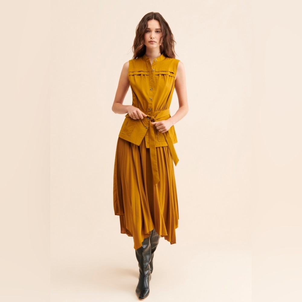 Sleeveless Mustard Tie-Waist Midi Dress